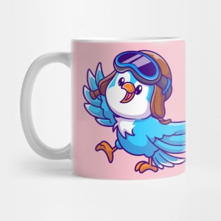 Cute Bird Waving Hand With Pilot Hat Cartoon Mug